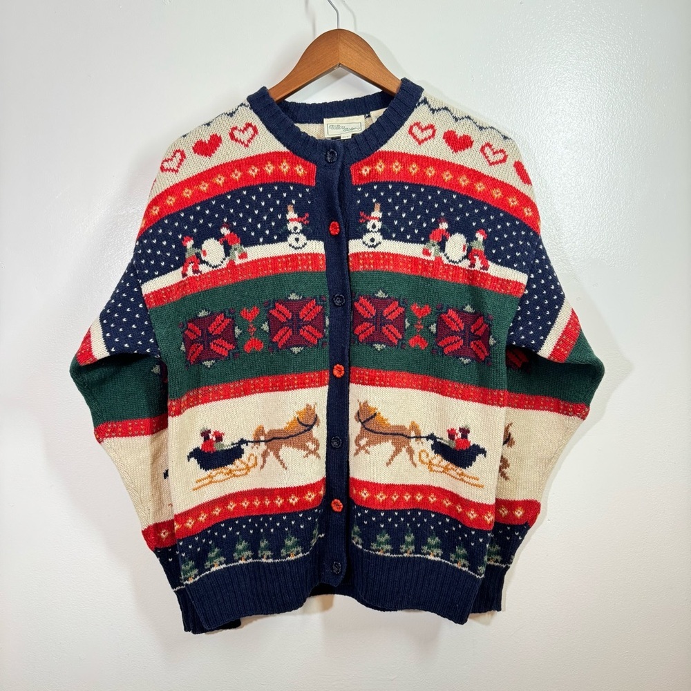 Vintage Willow Ridge Christmas Cardigan Horse Snowman Knit Wool Sweater Small